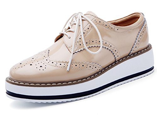 DADAWEN Women's Platform Lace-Up Wingtips Square Toe Oxfords Shoe Apricot US Size 9/Asia Size 41/25.5cm