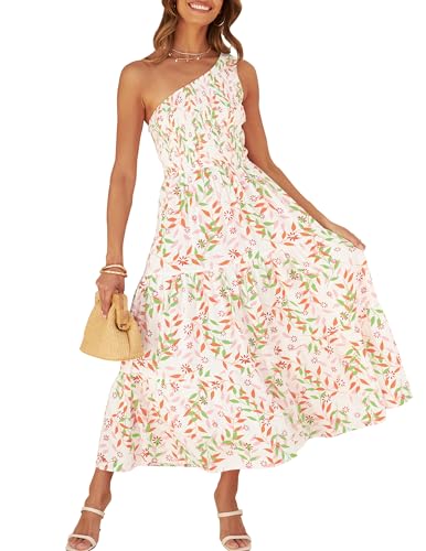 ZESICA Women's 2024 Bohemian Summer Floral Print One Shoulder Sleeveless Smocked Ruffle Tiered Beach Long Midi Dress,WhitePink,Medium
