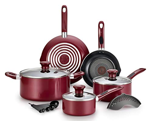 T-fal Excite ProGlide Nonstick Thermo-Spot Heat Indicator Dishwasher Oven Safe Cookware Set, 14-Piece, Red