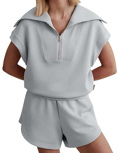 Meladyan Women's Two Piece Half Zip Lapel Sleeve Sweatshirt High Waist Drawstring Sets SweatSuit Cap Shorts TrackSuit Outfit, Blue Grey, Medium
