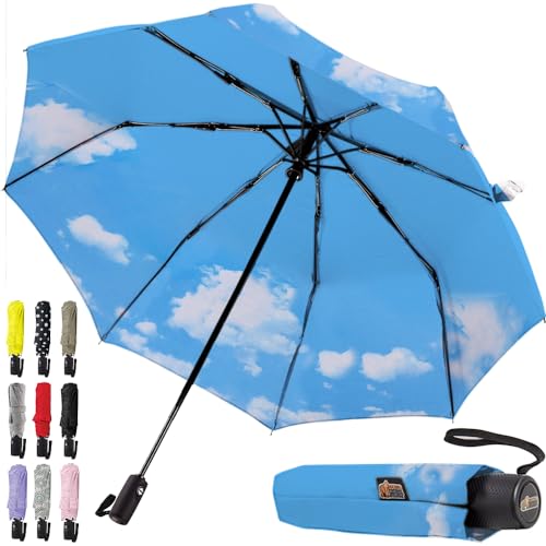Gorilla Grip Windproof Compact Stick Umbrella for Rain, One-Click Automatic Open and Close, Strong Reinforced Fiberglass Ribs, Easily Collapsible, Lightweight Portable Umbrellas for Travel, Sky Blue