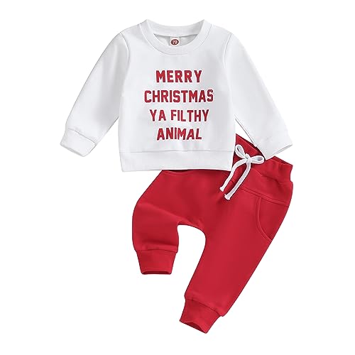 Adobabirl Baby Boy Girl Christmas Outfit Merry Christmas Crewneck Sweatshirt and Pants Set Toddler Fall Winter Clothes (Merry Christmas Ya Filthy Animal White,12-18 Months)