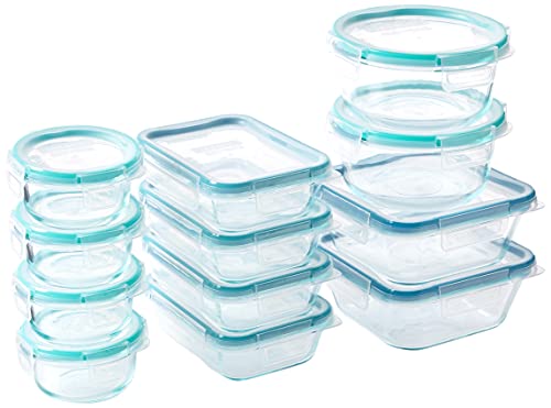 Snapware Total Solution 24-Pc Glass Food Storage Container Meal Prep Set with Plastic Lids, 4-Cup, 2-Cup & 1-Cup, BPA-Free Lids with 4 Locking Tabs, Microwave, Dishwasher, and Freezer Safe
