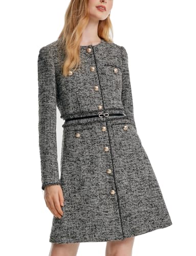 GOELIA Black Elegant Tweed Dresses for Women Long Sleeve Crew Neck with Metal Button and Belt Dresses for Work, Casual, and Party