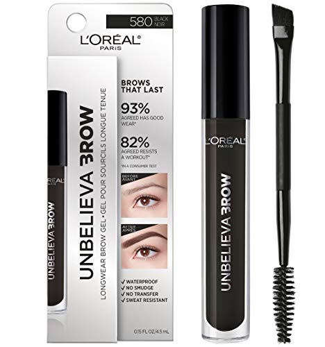 L'Oreal Paris Unbelieva-Brow Longwear Waterproof Tinted Brow Gel, Smudge-resistant, Transfer- Proof, Quick Drying, Easy and quick application with precise brush, Black, 0.15 fl. oz.