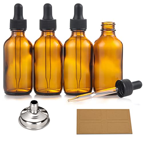 AOZITA 4 Pack, 2 oz Dropper Bottles with 1 Funnel & 4 Labels - 60ml Thick Dark Amber Glass Tincture Bottles with Eye Droppers - Leakproof Essential Oils Bottles