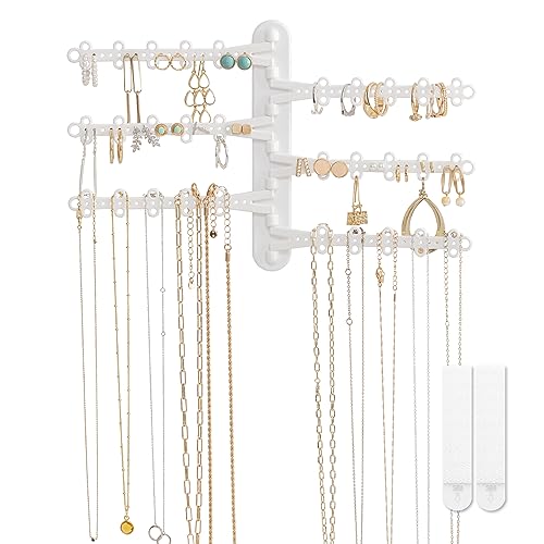All Hung Up 6-Tier 6' Wall Jewelry Organizer, Command Strips included for Easy Hanging, 120 Hole Earring Organizer, Necklace Organizer, Bracelet Holder, Ring Holder, Rotating Branches, White