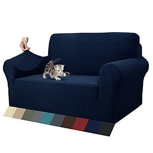 ZNSAYOTX 1 Piece Jacquard Couch Covers for 2 Cushion Couch High Stretch Loveseat Slipcover for Pets Dogs Anti Slip Love Seat Sofa Slipcover Furniture Protector (Loveseat, Navy Blue)
