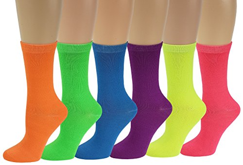 Differenttouch Sumona 6 Pairs Women Colorful Fancy Design Soft & Stretchy Novelty Crew Socks (Solid Neon)