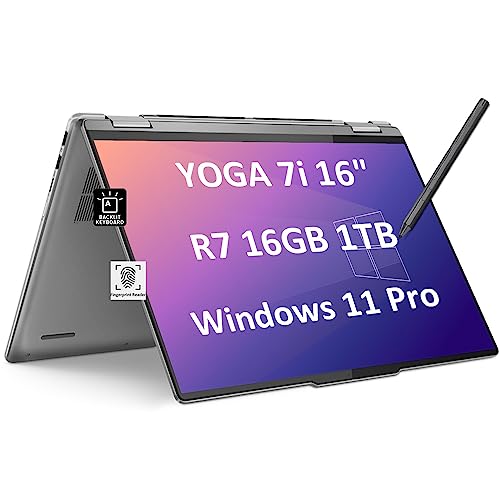 Lenovo Yoga 7 7i 2-in-1 Business Laptop (16' FHD+ Touchscreen, AMD Ryzen 7 7735U (Beat i7-1255U), 16GB RAM, 1TB SSD, IST Precision Pen), Backlit, Fingerprint, FHD IR Webcam, Win 11 Pro, Arctic Grey