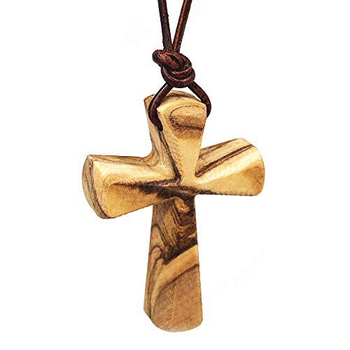 Hand Carved Tapered Wooden Cross Necklace for Men & Women on Adjustable 32' Brown Leather Cord - Wood Cross Pendant for Boys Girls Men & women