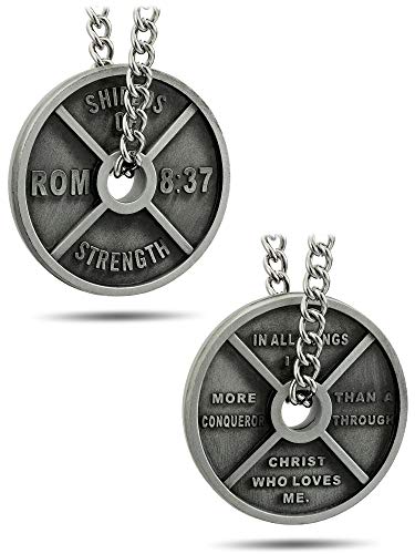Shields of Strength Men's Antique Finish High Relief Weight Plate Necklace - Romans 8:37