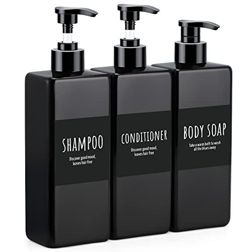 Segbeauty Shampoo and Conditioner Dispenser Refillable, 3pcs 16.9oz Shower Bottles Soap Dispenser with Labels, 500ml Empty Plastic Square Pump Bottle Dispenser Body Wash Containers for Bathroom Black