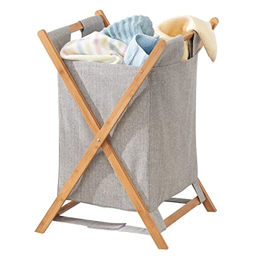 mDesign Bamboo Wood Laundry Hamper Sorter Cart, Portable and Collapsible Folding Clothes Basket Storage with Removable Poly/Cotton Liner Fabric Bag, X Frame - Echo Collection - Natural