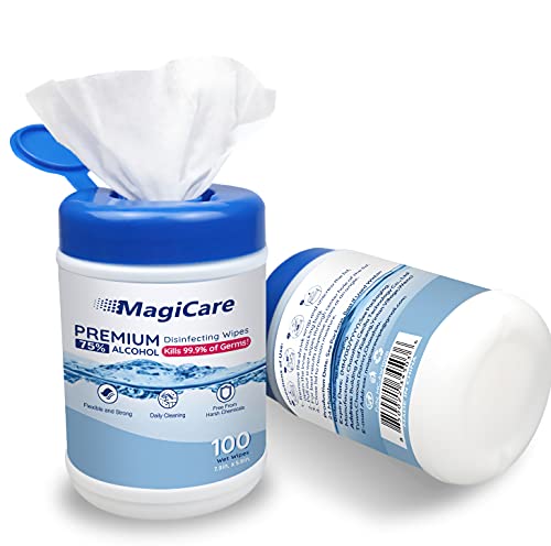 MagiCare 75% Alcohol Hand Sanitizing Wipes (2 Canisters) - Unscented, Disposable Large Alcohol Wipes - Home, Travel, Classroom, Camping - 2, 100ct Canisters (200pcs)