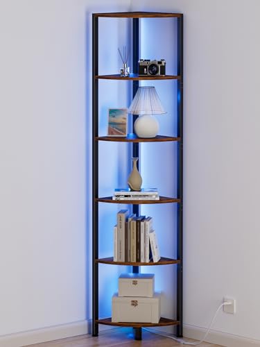 Furnulem 6 Tier Corner Shelf with LED Light, 67.5” Tall Standing Shelf Organizer, Narrow Bookshelf with Storage Rack for Wall Corner, Living Room, Bedroom, Metal Frame, Wood Display Shelf