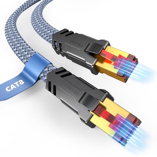 Snowkids Cat 8 Ethernet Cable 15 ft High Speed Gaming, 40Gbps, 2000Mhz Braided Flat LAN High Duty Long Internet Cable, Gold Plated RJ45 Connector for Modem/Router/PS3/4/5/PC Grey