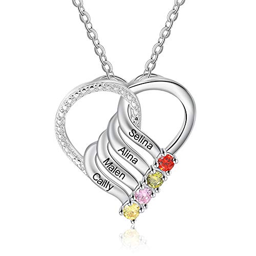 Jeweidea Personalized Heart Necklace with 2-6 Simulated Birthstones Custom Name Mother Daughter Chain Pendant Gifts for Women Mom Birthday (4 Names)