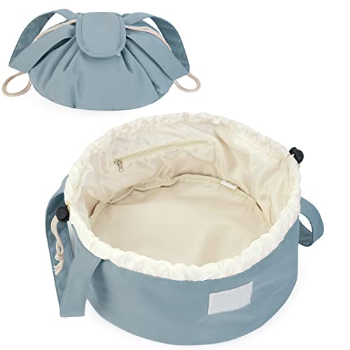 Barrel Drawstring Makeup Bag Large Cosmetic Bag Make up Bags Toiletry Organizer for Women (Greyish Blue) (Patent Pending)