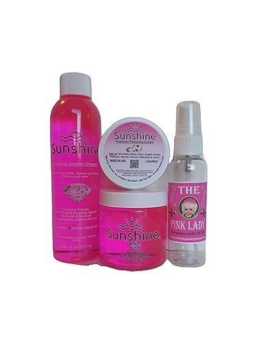Pink Lady Sunshine Premium Jewelry Cleaner Ultra Kit (6 Pieces) Safe Jewelry Cleaner Solution For Diamonds, Gold, Silver, Wedding Rings, Earrings & All Jewelry Pieces
