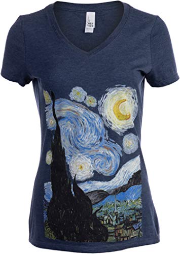 Starry Night | Vincent Van Gogh Famous Cool Star Painting Women's V-Neck T-Shirt Top-(Vneck,L) Heather Navy