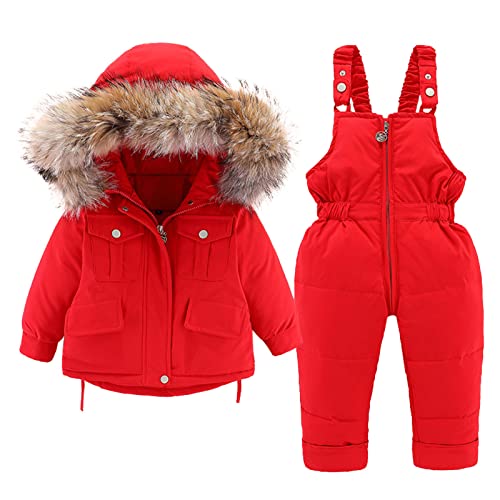 KONF Baby Girls Boys Winter Thick Warm Hooded Down Coat Down Paraks Jumpsuit Snowsuit Set Coat Snowsuit Outwear A38, Red, 18-24 Months