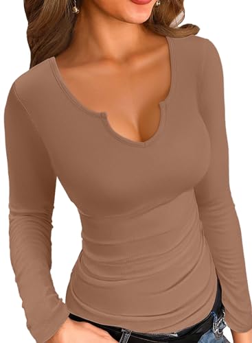VICHYIE T Shirts for Women Fall Trendy Long Sleeves V Neck Slim Fitted Knit Ribbed Basic Casual Tops Solid Color Blouses Shirt Tee Khaki M