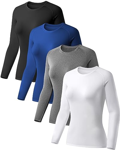 TELALEO 4 Pack Women's Compression Shirt Long Sleeve Performance Workout Baselayer Athletic Top Sports Gear-Black/Grey/White/Blue Medium