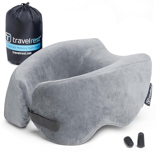 TRAVELREST Nest Memory Foam Travel Pillow & Neck Pillow - Advanced Neck Support for Long Flights - Patented Design for Optimal Relaxation - Long Travel - Unmatched Sleep - Washable Cover - Gray