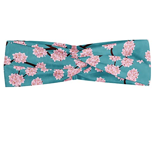 Ambesonne Blue and Pink Headband Set of 2, Japanese Sakura Pattern Repeating Cherry Blossom on Branches, Knotted Elastic Hair Band Accessory for Women Everyday Use, XS-S, Sea Blue Brown Pale Pink