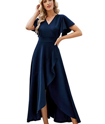 ZZV Formal Dresses for Women Gowns Evening Party Cocktail Dress, Long Split Elegant V Neck Wrap Ruffle Wedding Guest Dresses Navyblue-XL