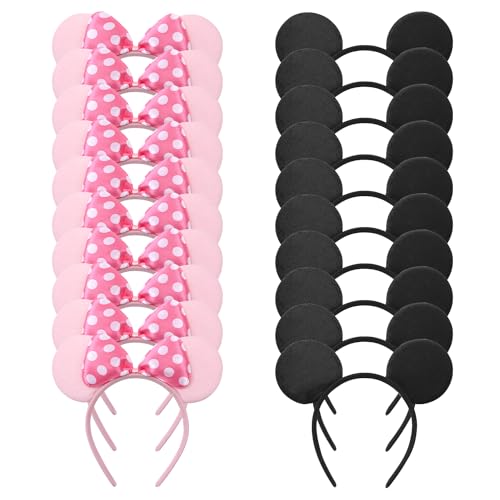 NEWTGAN 20 PCS Mouse Ears Headbands for Birthday Party Theme Park Costume Play Celebration for Boys and Girls (black,pink) (pink black)