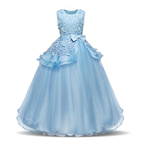 NNJXD Girl Sleeveless Embroidery Princess Pageant Dresses Kids Prom Ball Gown Size (130) 6-7 Years Blue