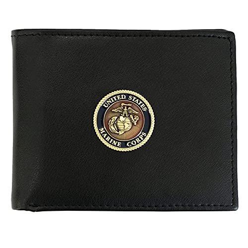 Officially Licensed US Marine Crops Medallion Bifold Genuine Leather Classic Wallet, Men’s birthday gift, Handmade Wallet in Brown & Black (Black)