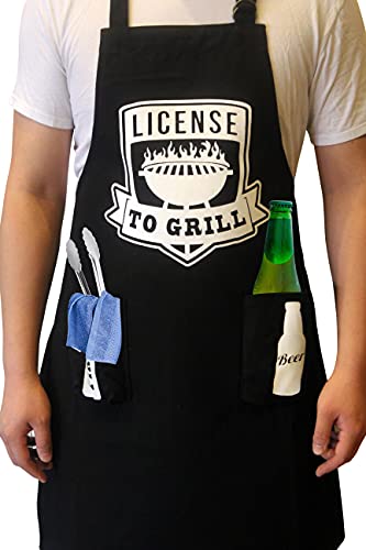 BitimexHome BBQ Aprons For Men With Pockets-Grilling Cooking Apron For Men-Black Denim Funny License To Grill Mens Kitchen Apron-Heavy Duty Chef Apron Adjustable Cotton Bib With Buckle And Beer Holder