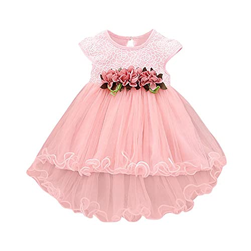 Baby Fairy Flutter Short-Sleeved Stitch ing Frilly Mesh Dress Toddler Girls Floral Tulle Ruched Dresses for 0-24 Months Pink-a