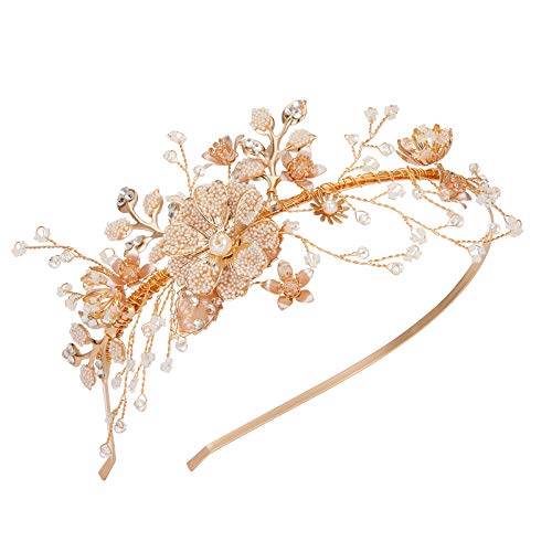 SWEETV Flower-Leaf Bridal Headband Gold Crystal Tiara for Women Pearl Wedding Headpieces for Bride Hair Accessories for Prom Birthday Party