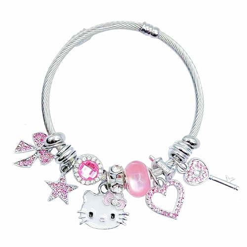 TGECTP Hello Inspired Kawaii Kitty Bangle Bracelet, Cute Charms Bracelet, Adjustable Stainless Steel Cuff Bracelet Birthday Gift for Women Girls