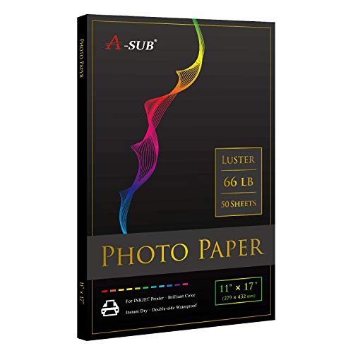A-SUB Premium Photo Paper Luster 11x17 Inch 66lb for Inkjet Printers 50 Sheets, Single Sided