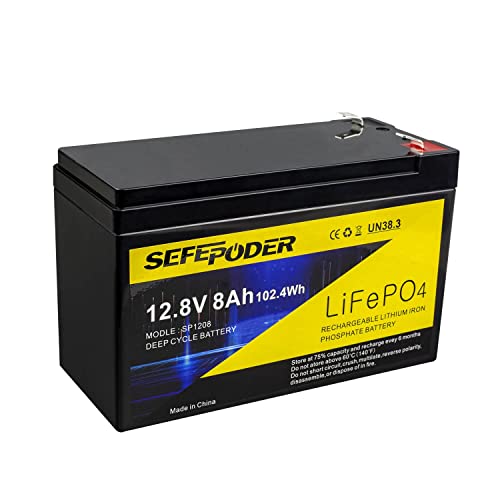 SEFEPODER 12V 8Ah LiFePO4 Lithium Deep Cycle Battery, 2000+ Cycles Rechargeable Battery for Solar/Wind Power, Lighting, Power Wheels, Fish Finder and More with Built-in 8A BMS