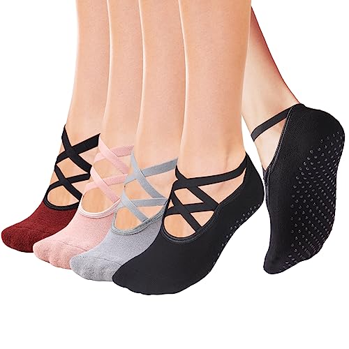 Cooque Yoga Socks Non Skid with Grips Barre Pilates Socks for Women Girls (Pink,Grey,Black,Wine red-02)
