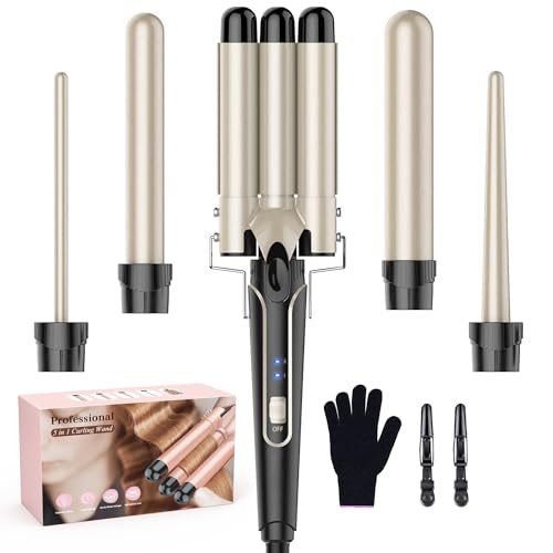 Waver Curling Iron Curling Wand - BESTOPE PRO 5 in 1 Curling Wand Set with 3 Barrel Hair Crimper for Women, Fast Heating Crimper Wand Curler in All Hair Type - Gold