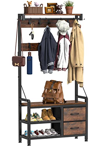 Lulive Hall Tree, 31” Entryway Bench with Coat Rack freestanding, 5 In 1 Intelligent Design Shoe Bench and Wall Rack 17 Hooks and Drawers (Rustic Brown)