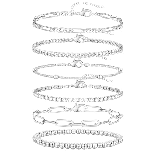 adoyi Dainty Sterling Silver Chain Bracelets Set for Women Girls White Gold Plated Layered Link Chain Bangle Bracelets Pack for Women Adjustable Stackable beaded Bracelets Jewelry Gifts