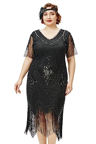 BABEYOND Plus Size 1920s Art Deco Fringed Sequin Dress Flapper Gatsby Costume Dress for Women Black