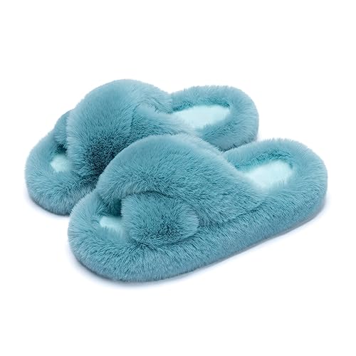 Chantomoo Women's Cross Slippers Memory Foam House Bedroom Slippers for Women Fuzzy Plush Comfy Faux Fur Lined Slide Shoes Anti-Skid Sole Trendy Gift Slippers Turquoise Green Size7 8 6.5