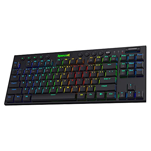 Redragon K621 Horus TKL Wireless RGB Mechanical Keyboard, 5.0 BT/2.4 Ghz/Wired Three Modes 80% Ultra-Thin Low Profile BT Keyboard w/Dedicated Media Control & Tactile Brown Switches, Black