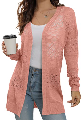 GRECERELLE Women Open Front Cardigan Crochet Knit Sweater Lightweight Thin Cardigan for Women Summer Coral Pink