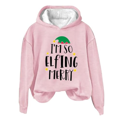 BLUBUKLKUN deals of the day lightning Hoodies for Women I'm So Elfing Merry Printed Graphic Long Sleeve Sweatshirt Fleece Pullover Oversized Tops (Pink, L)