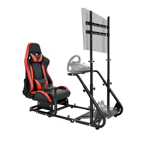 Supllueer Racing Simulator Cockpit with Red Racing Seat and Monitor Stand Fit for Logitech GPRO G29 G920,Thrustmaster T300 Fanatec Adjustable Wheel Stand No Steering Wheel Shift Lever Pedal Display